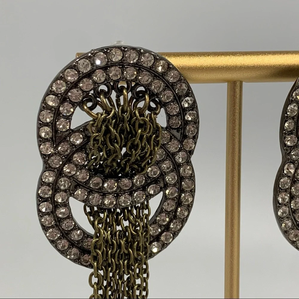 Antiqued Metal Rhinestone & Chain Dangle Long Statement Earrings